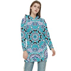 Blue Shades Mandala   Women s Long Oversized Pullover Hoodie by ConteMonfrey