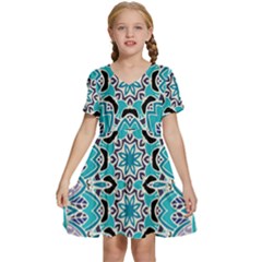 Blue Shades Mandala   Kids  Short Sleeve Tiered Mini Dress by ConteMonfrey