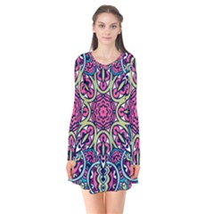 Cold Colors Mandala   Long Sleeve V-neck Flare Dress by ConteMonfrey