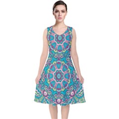 Green, Blue And Pink Mandala  V-neck Midi Sleeveless Dress  by ConteMonfrey