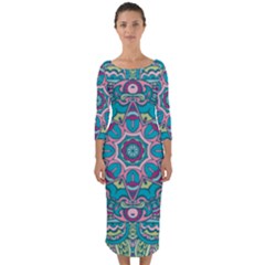 Green, Blue And Pink Mandala  Quarter Sleeve Midi Bodycon Dress by ConteMonfrey