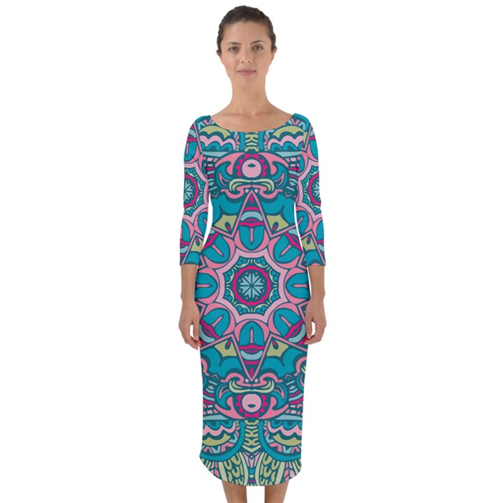 Green, Blue And Pink Mandala  Quarter Sleeve Midi Bodycon Dress