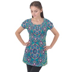 Green, Blue And Pink Mandala  Puff Sleeve Tunic Top by ConteMonfrey