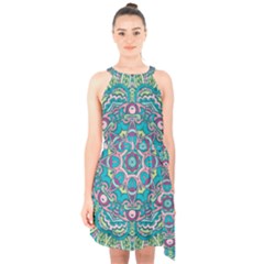 Green, Blue And Pink Mandala  Halter Collar Waist Tie Chiffon Dress by ConteMonfrey