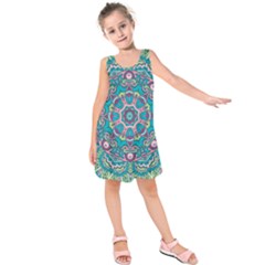 Green, Blue And Pink Mandala  Kids  Sleeveless Dress by ConteMonfrey