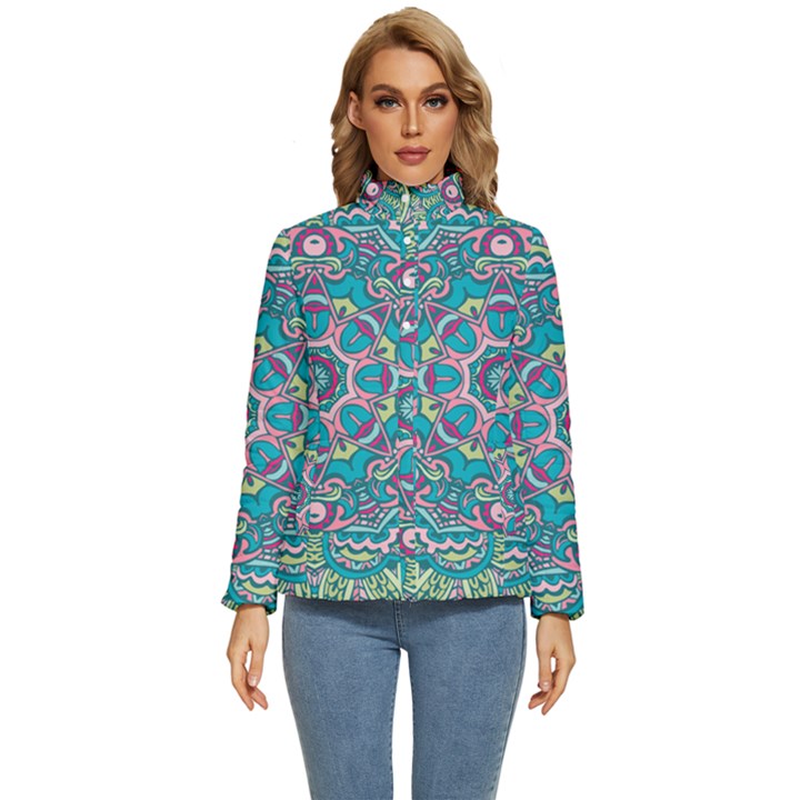 Green, Blue And Pink Mandala  Women s Puffer Bubble Jacket Coat