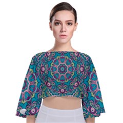 Green, Blue And Pink Mandala  Tie Back Butterfly Sleeve Chiffon Top by ConteMonfrey