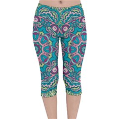 Green, Blue And Pink Mandala  Velvet Capri Leggings  by ConteMonfrey