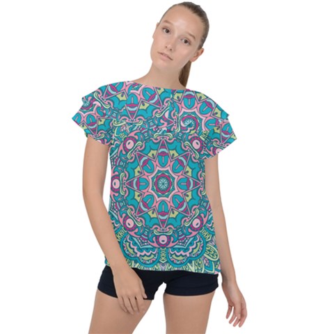 Green, Blue And Pink Mandala  Ruffle Collar Chiffon Blouse by ConteMonfrey