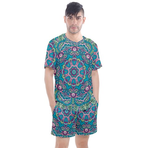 Green, Blue And Pink Mandala  Men s Mesh Tee And Shorts Set by ConteMonfrey