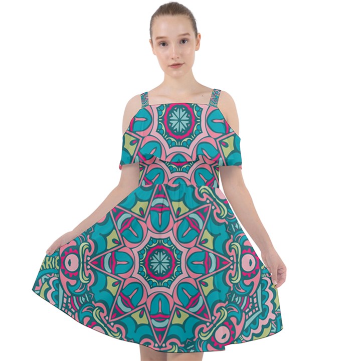 Green, Blue And Pink Mandala  Cut Out Shoulders Chiffon Dress