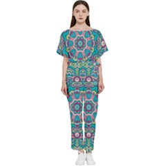 Green, Blue And Pink Mandala  Batwing Lightweight Chiffon Jumpsuit by ConteMonfrey