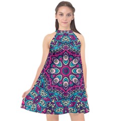 Purple, Blue And Pink Eyes Halter Neckline Chiffon Dress  by ConteMonfrey