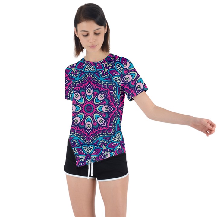 Purple, Blue And Pink Eyes Asymmetrical Short Sleeve Sports Tee