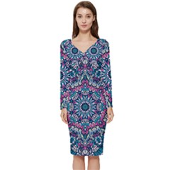 Mandala Flowers  Long Sleeve V-neck Bodycon Dress  by ConteMonfrey