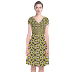 Abstract Beehive Yellow  Short Sleeve Front Wrap Dress by ConteMonfrey