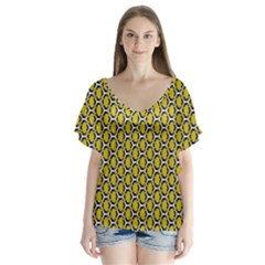 Abstract Beehive Yellow  V-neck Flutter Sleeve Top by ConteMonfrey