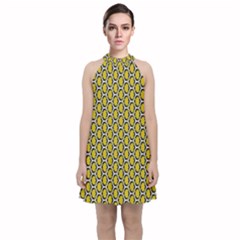 Abstract Beehive Yellow  Velvet Halter Neckline Dress  by ConteMonfrey