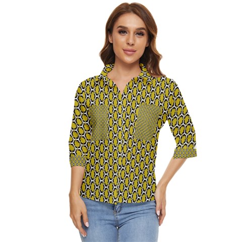 Abstract Beehive Yellow  Women s Quarter Sleeve Pocket Shirt by ConteMonfrey