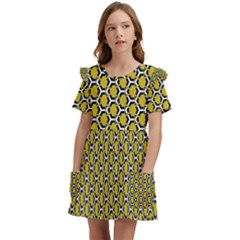 Abstract Beehive Yellow  Kids  Frilly Sleeves Pocket Dress by ConteMonfrey