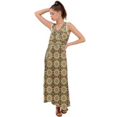 Abstracr Green Caramels V-neck Chiffon Maxi Dress by ConteMonfrey