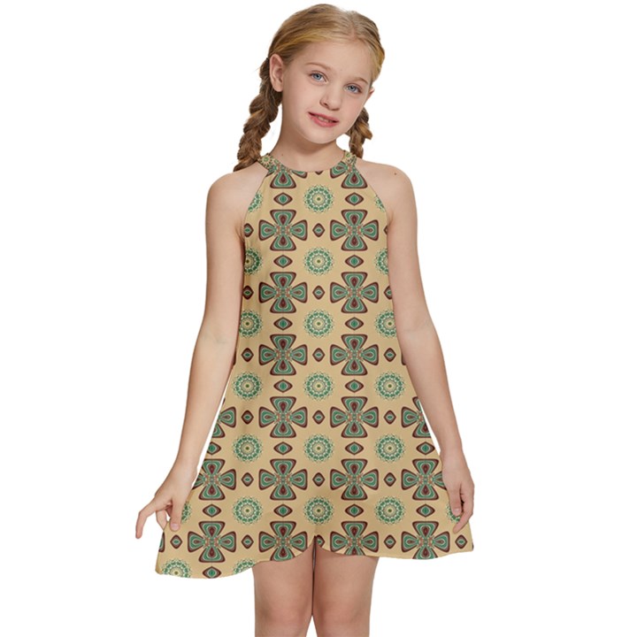 Abstracr Green Caramels Kids  Halter Collar Waist Tie Chiffon Dress