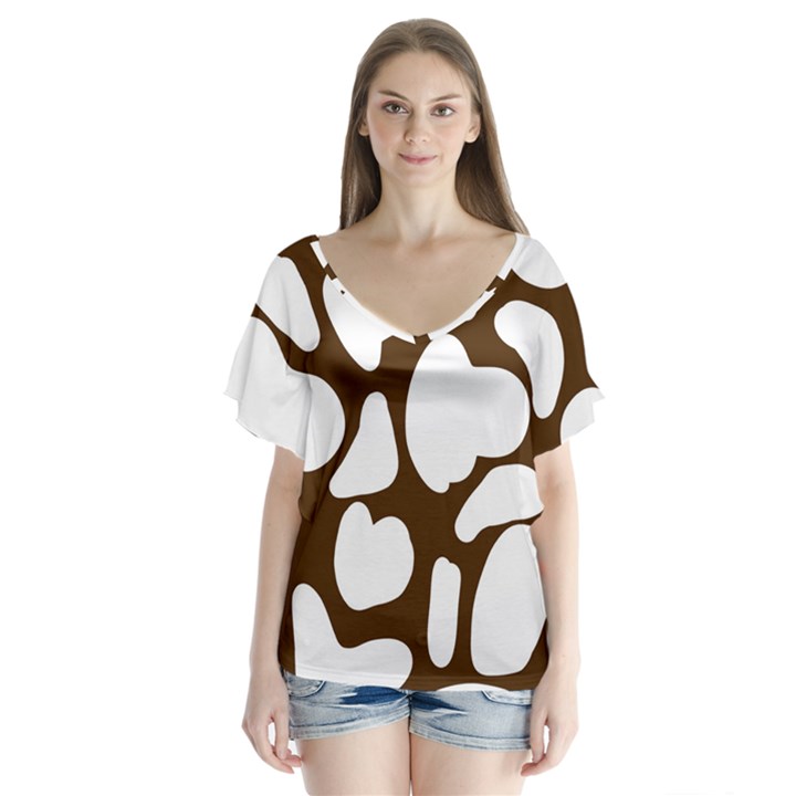 Brown white cow V-Neck Flutter Sleeve Top