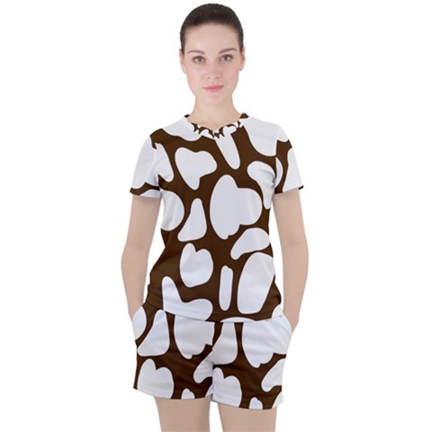 Brown White Cow Women s Tee And Shorts Set by ConteMonfrey