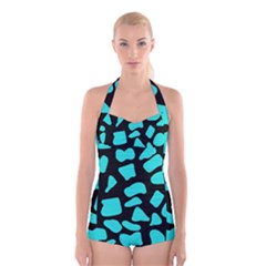 Blue Neon Cow Background   Boyleg Halter Swimsuit  by ConteMonfrey