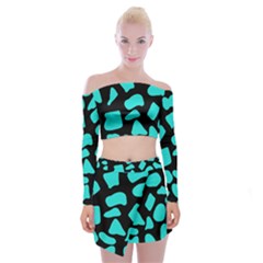 Blue Neon Cow Background   Off Shoulder Top With Mini Skirt Set by ConteMonfrey