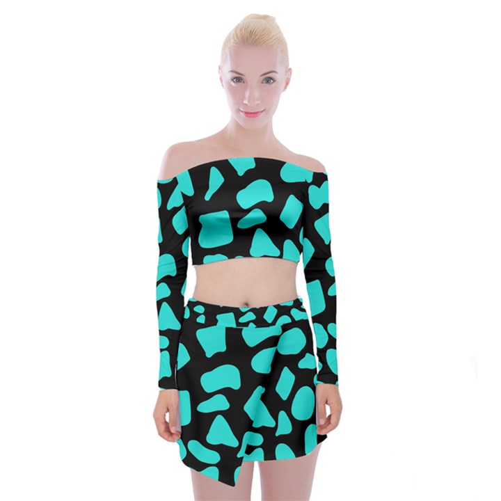 Blue Neon Cow Background   Off Shoulder Top with Mini Skirt Set