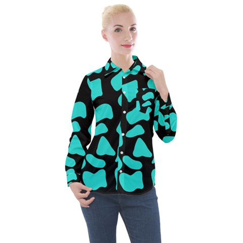 Blue Neon Cow Background   Women s Long Sleeve Pocket Shirt by ConteMonfrey