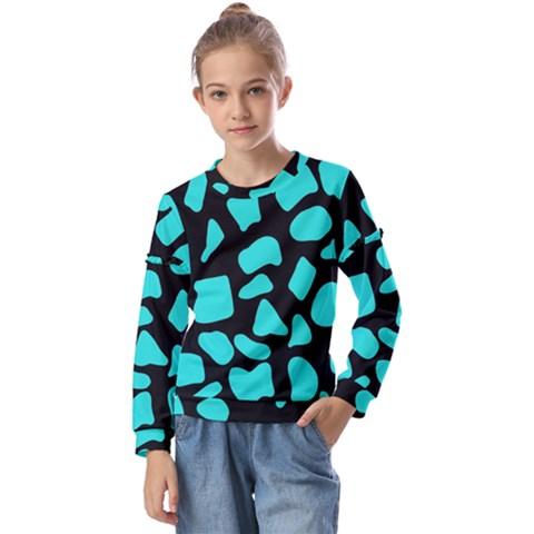 Blue Neon Cow Background   Kids  Long Sleeve Tee With Frill  by ConteMonfrey