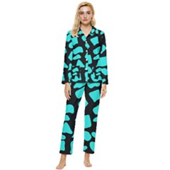 Blue Neon Cow Background   Womens  Long Sleeve Velvet Pocket Pajamas Set by ConteMonfrey