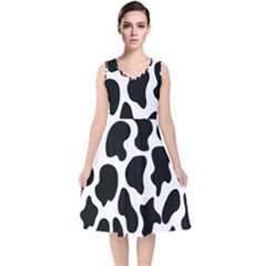 Cow Black And White Spots V-neck Midi Sleeveless Dress  by ConteMonfrey