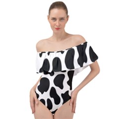 Cow Black And White Spots Off Shoulder Velour Bodysuit  by ConteMonfrey