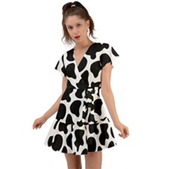 Cow Black And White Spots Flutter Sleeve Wrap Dress by ConteMonfrey