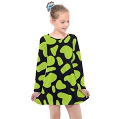 Neon Green Cow Spots Kids  Long Sleeve Dress by ConteMonfrey