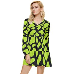 Neon Green Cow Spots Tiered Long Sleeve Mini Dress by ConteMonfrey