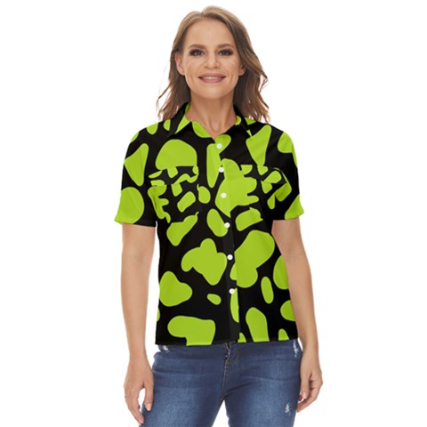 Neon Green Cow Spots Women s Short Sleeve Double Pocket Shirt by ConteMonfrey