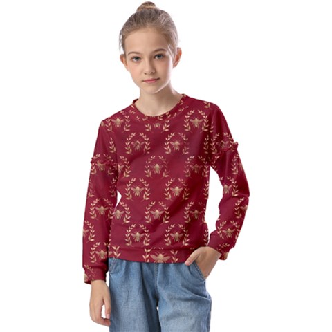 Golden Bees Red Sky Kids  Long Sleeve Tee With Frill  by ConteMonfrey