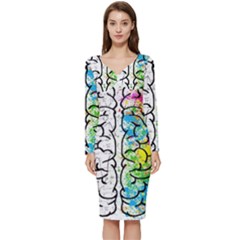 Brain Mind Psychology Idea Drawing Long Sleeve V-neck Bodycon Dress  by Wegoenart