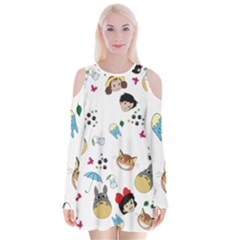 My Neighbor Totoro Cartoon Velvet Long Sleeve Shoulder Cutout Dress by danenraven