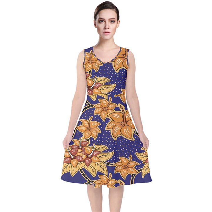 Seamless-pattern Floral Batik-vector V-Neck Midi Sleeveless Dress 