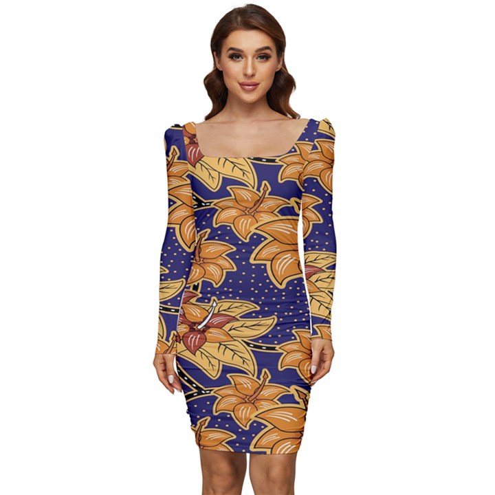 Seamless-pattern Floral Batik-vector Women Long Sleeve Ruched Stretch Jersey Dress