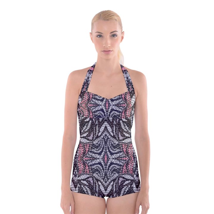 Pink Grey Repeats Symmetry Boyleg Halter Swimsuit 