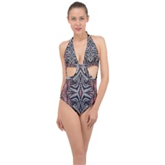 Pink Grey Repeats Symmetry Halter Front Plunge Swimsuit