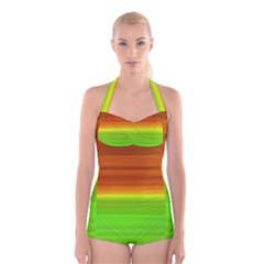 Orange And Green Blur Abstract Print Boyleg Halter Swimsuit  by dflcprintsclothing