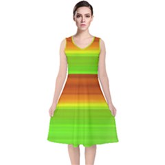 Orange And Green Blur Abstract Print V-neck Midi Sleeveless Dress  by dflcprintsclothing