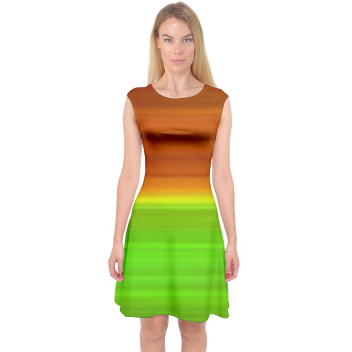 Orange And Green Blur Abstract Print Capsleeve Midi Dress